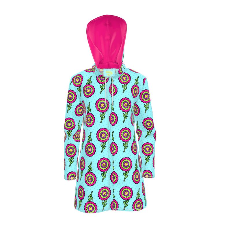 Knee-Length Hooded Rain Jacket - 'Blooming With Joy' Womens Hooded Rain Mac