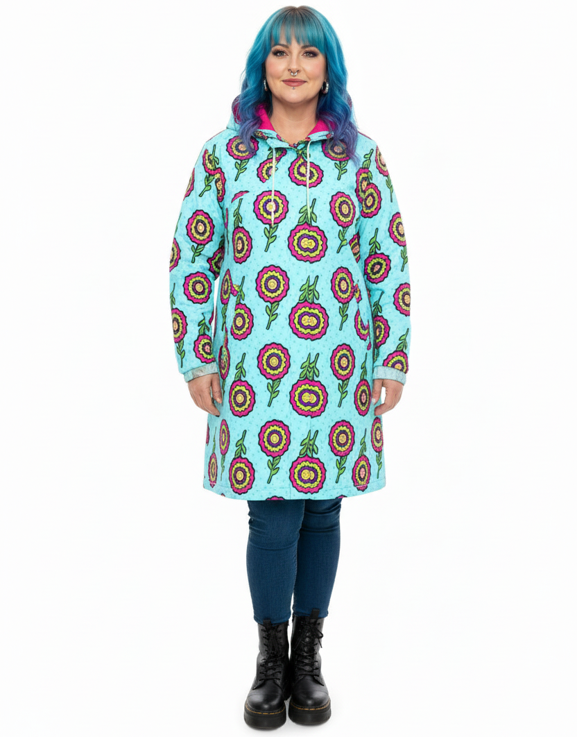 Knee-Length Hooded Rain Jacket - 'Blooming With Joy' Womens Hooded Rain Mac