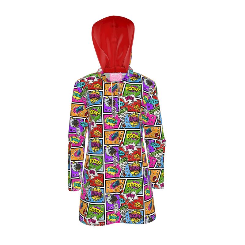 Knee-Length Hooded Rain Jacket - 'Comic Chaos' Womens Hooded Rain Mac