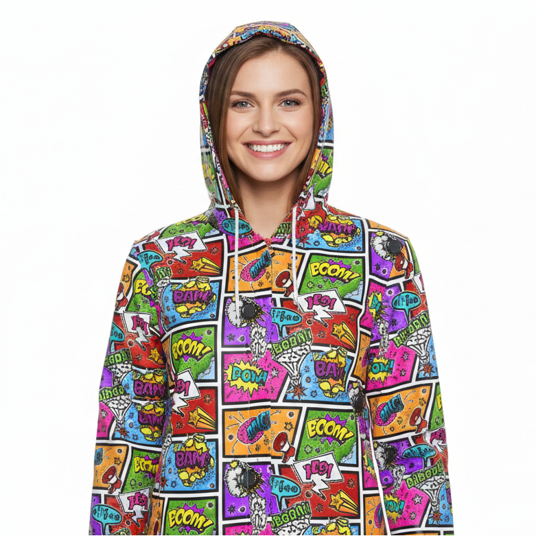 Knee-Length Hooded Rain Jacket - 'Comic Chaos' Womens Hooded Rain Mac