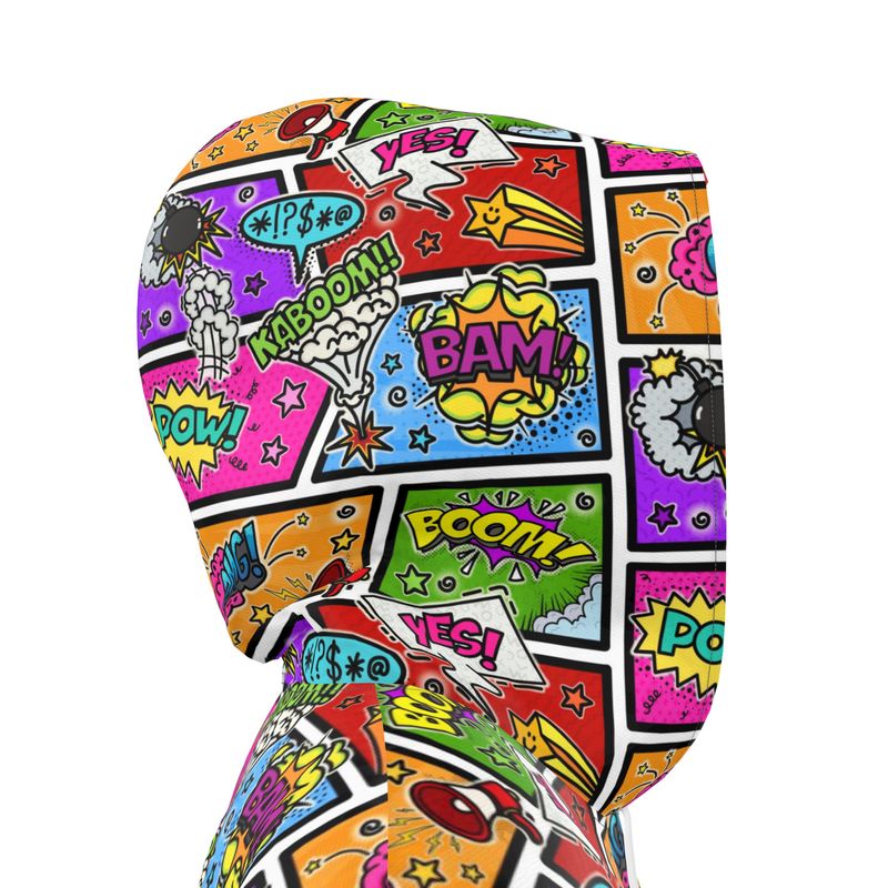 Knee-Length Hooded Rain Jacket - 'Comic Chaos' Womens Hooded Rain Mac