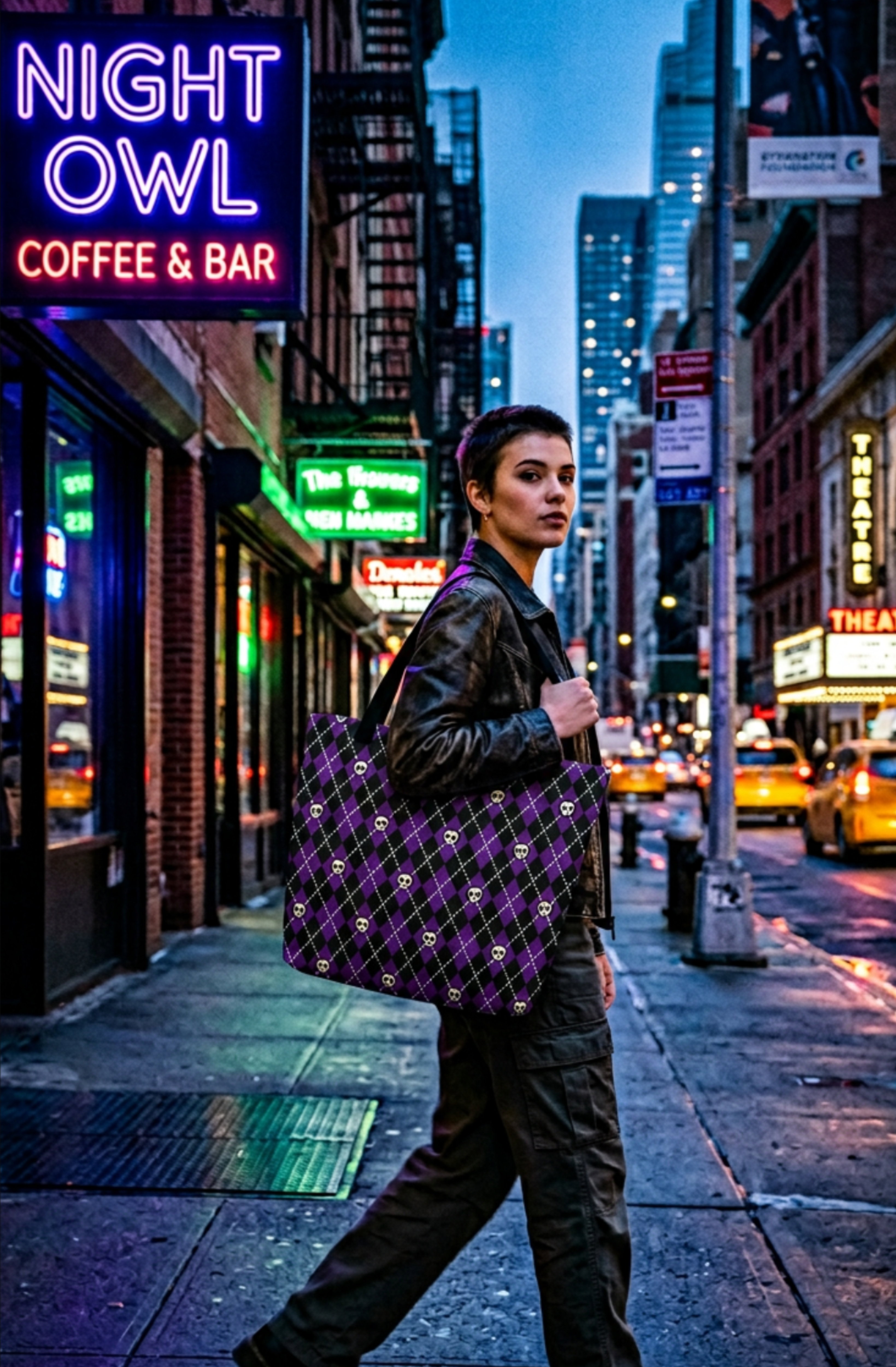 XL Tote Bag with Pocket - 'Diamond Skulls'