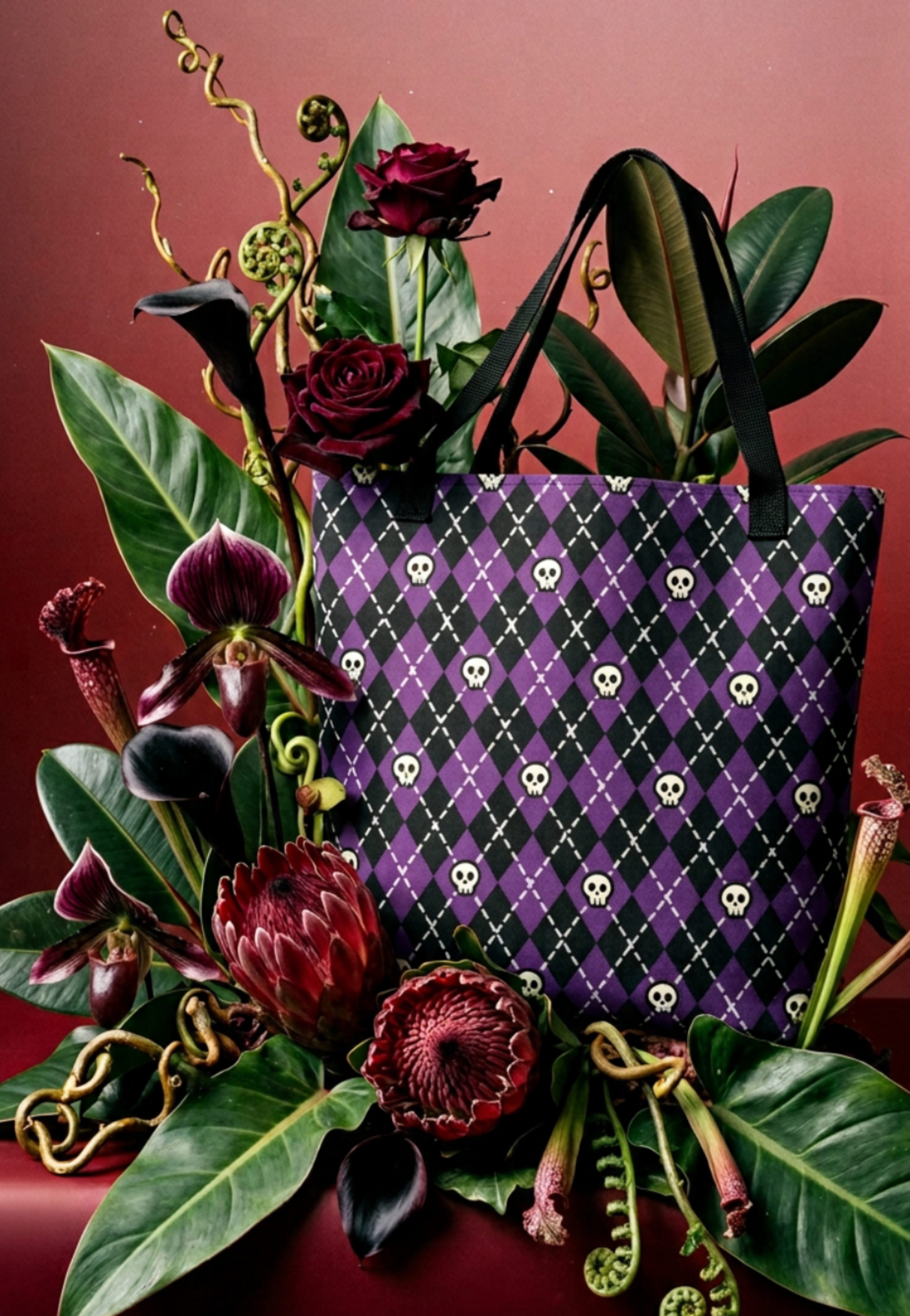 XL Tote Bag with Pocket - 'Diamond Skulls'
