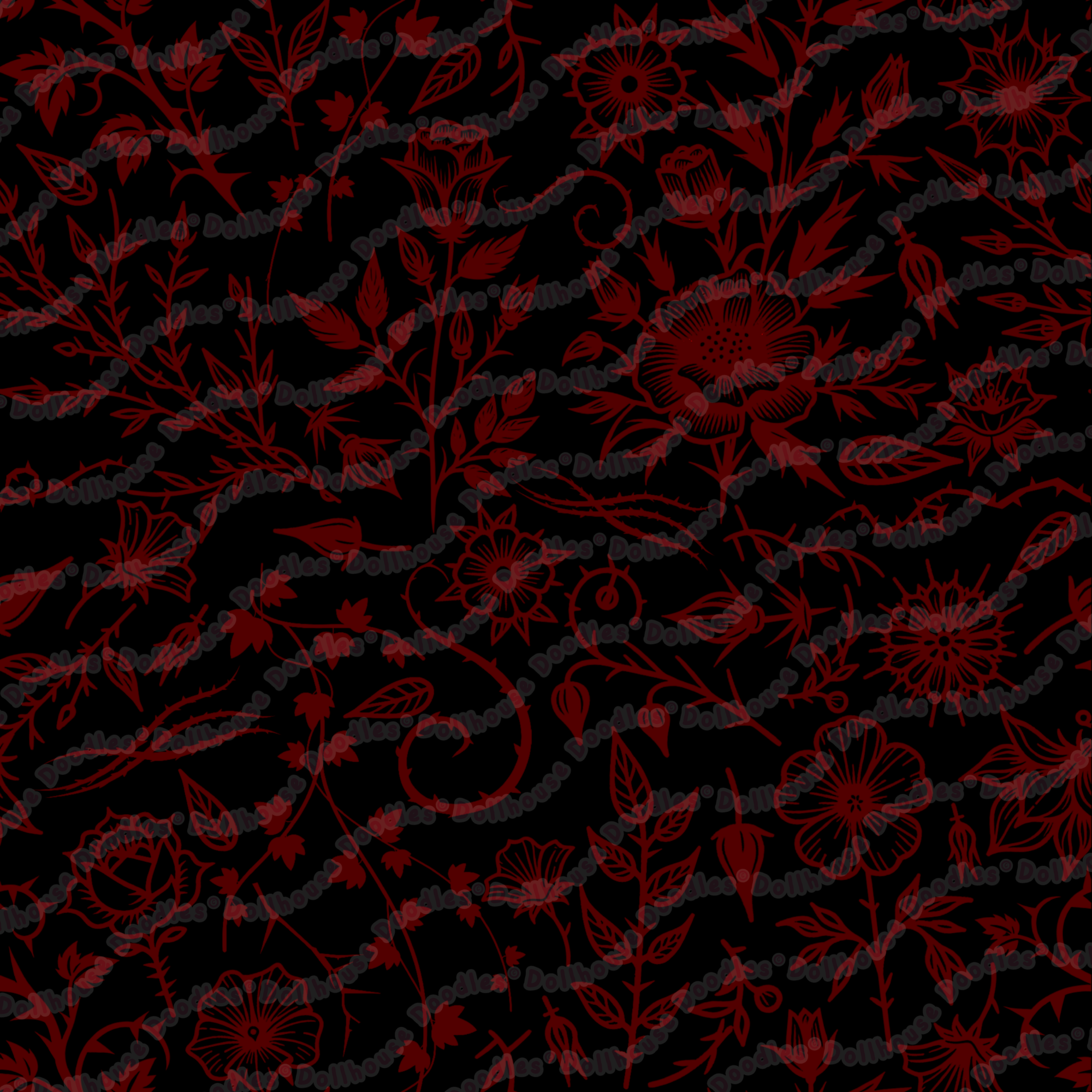 Long Sleeve Pocket Flare Dress - 'Gothic Garden (Red Version)'