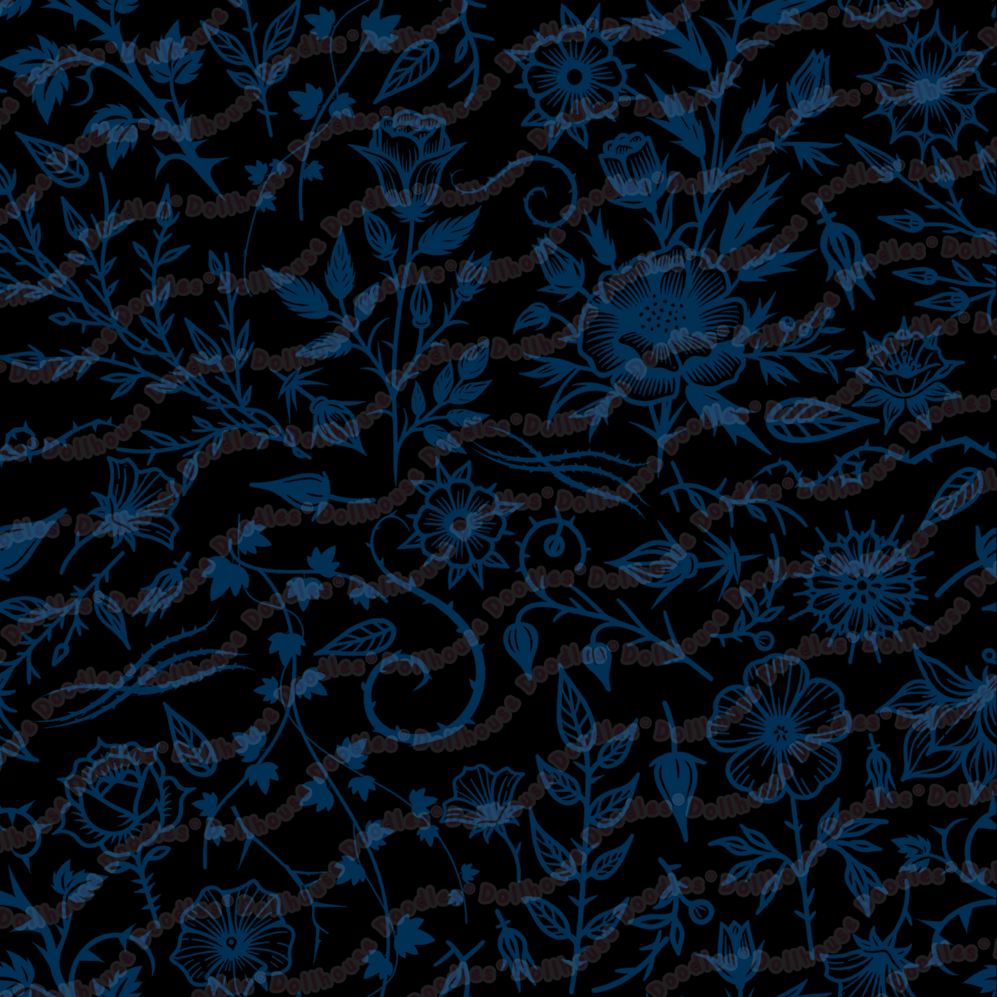 Long Sleeve Pocket Flare Dress - 'Gothic Garden (Blue Version)'