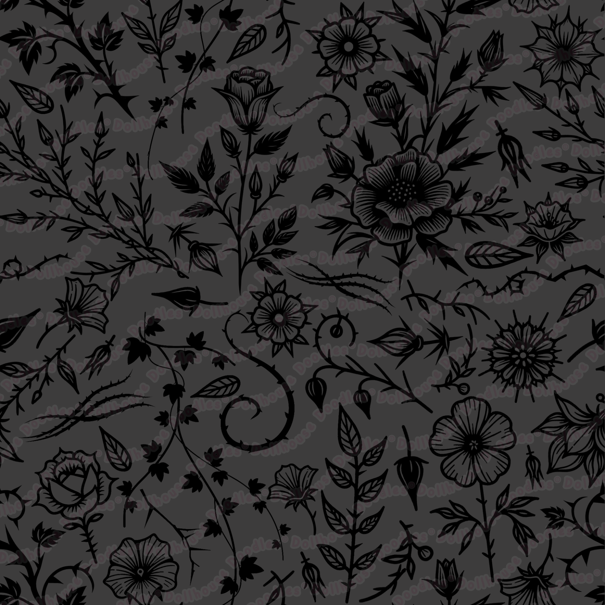 Long Sleeve Pocket Flare Dress - 'Gothic Garden (Black Version)'