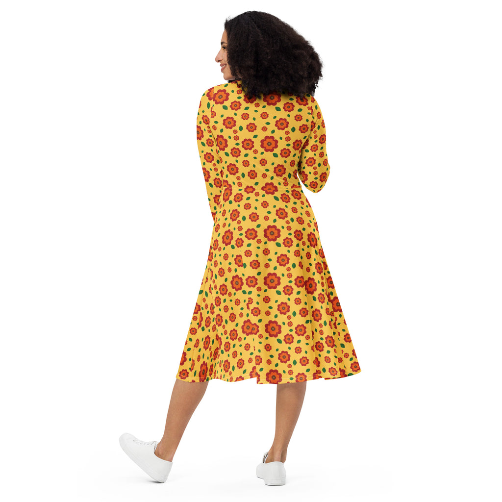 Long Sleeve Pocket Flare Dress - 'Petal Pop'