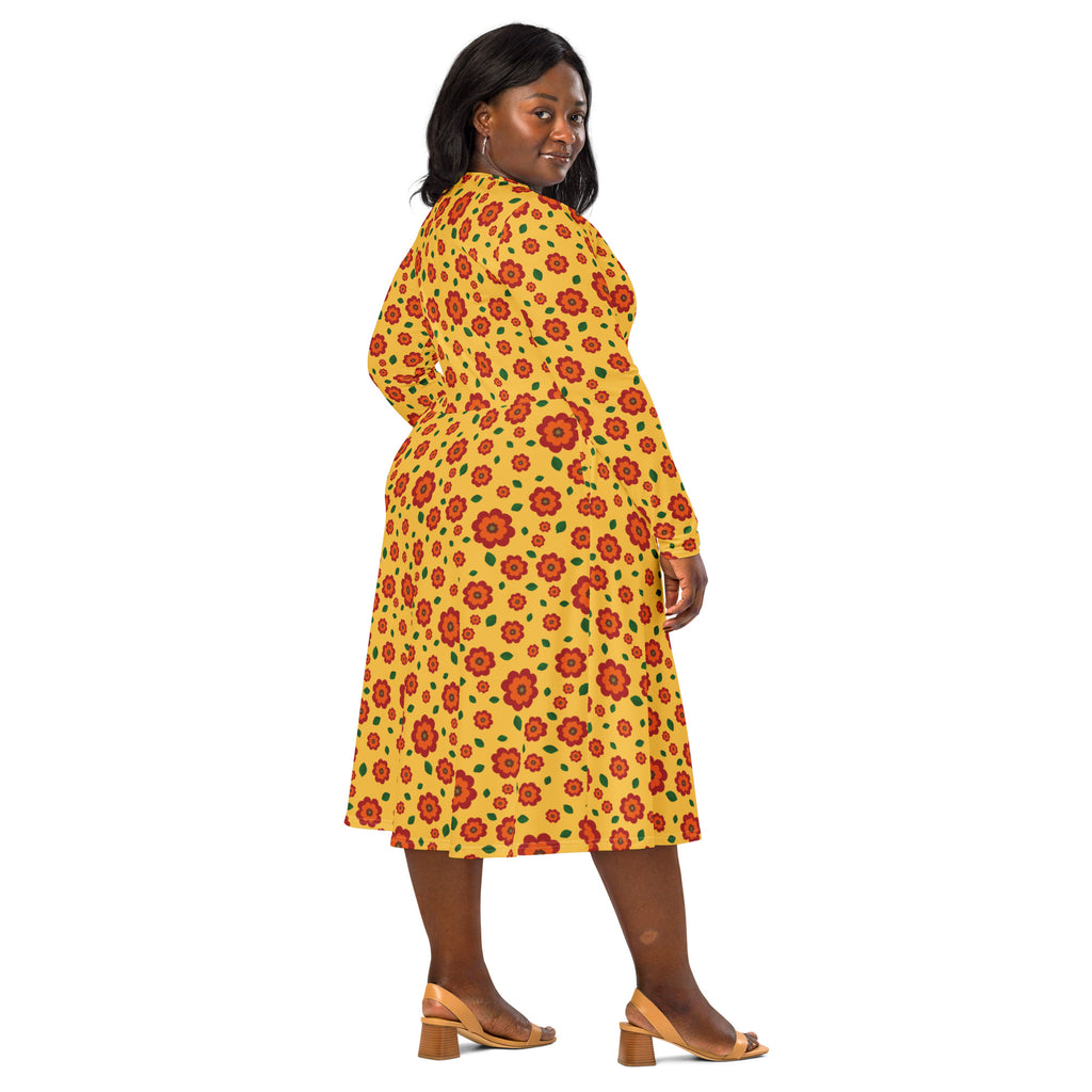 Long Sleeve Pocket Flare Dress - 'Petal Pop'