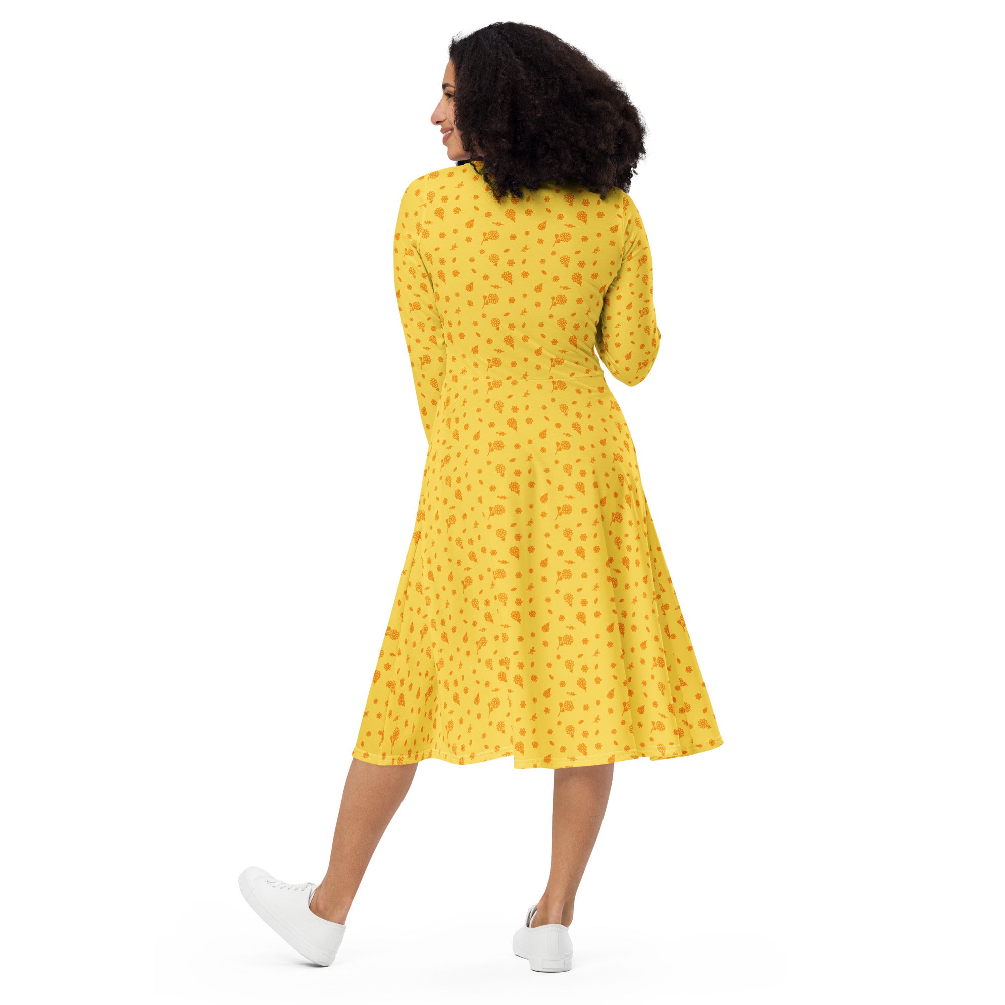 Long Sleeve Pocket Flare Dress - 'Itsy Bitsy Daisy (Marigold)'
