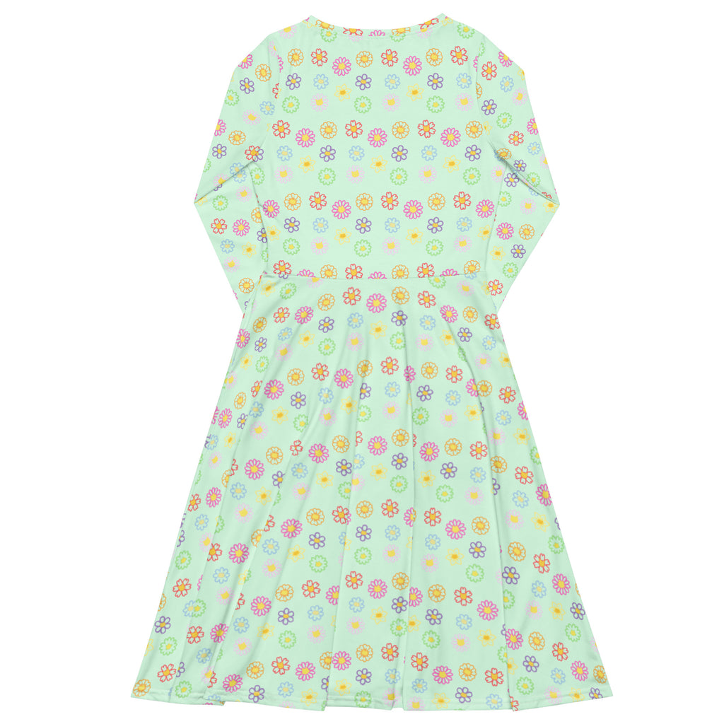 Long Sleeve Pocket Flare Dress - 'Feline Flowers'