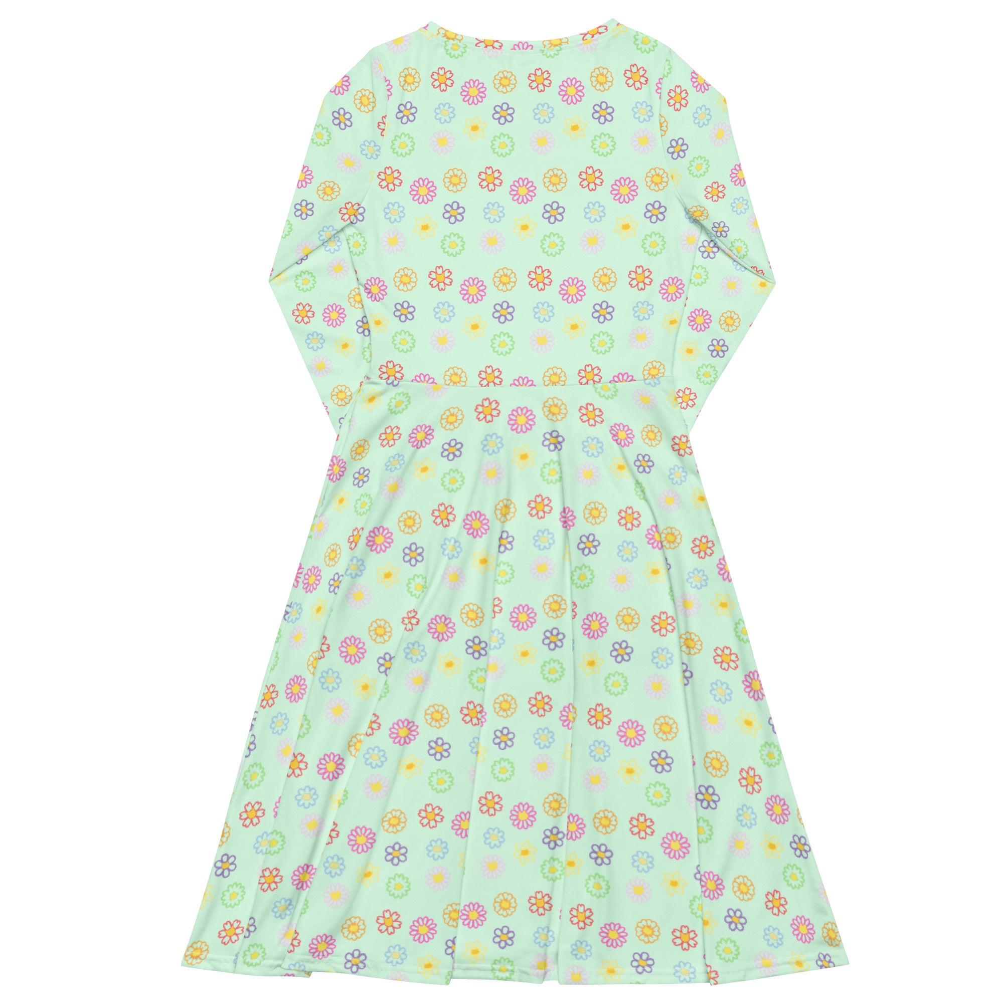 Long Sleeve Pocket Flare Dress - 'Feline Flowers'