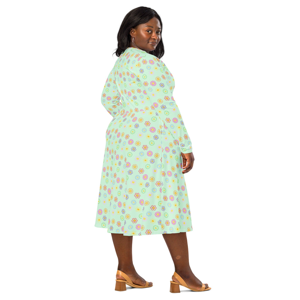 Long Sleeve Pocket Flare Dress - 'Feline Flowers'