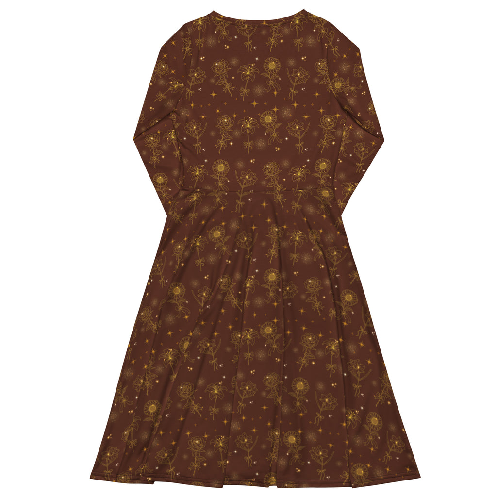 Long Sleeve Pocket Flare Dress - 'Golden Flower'