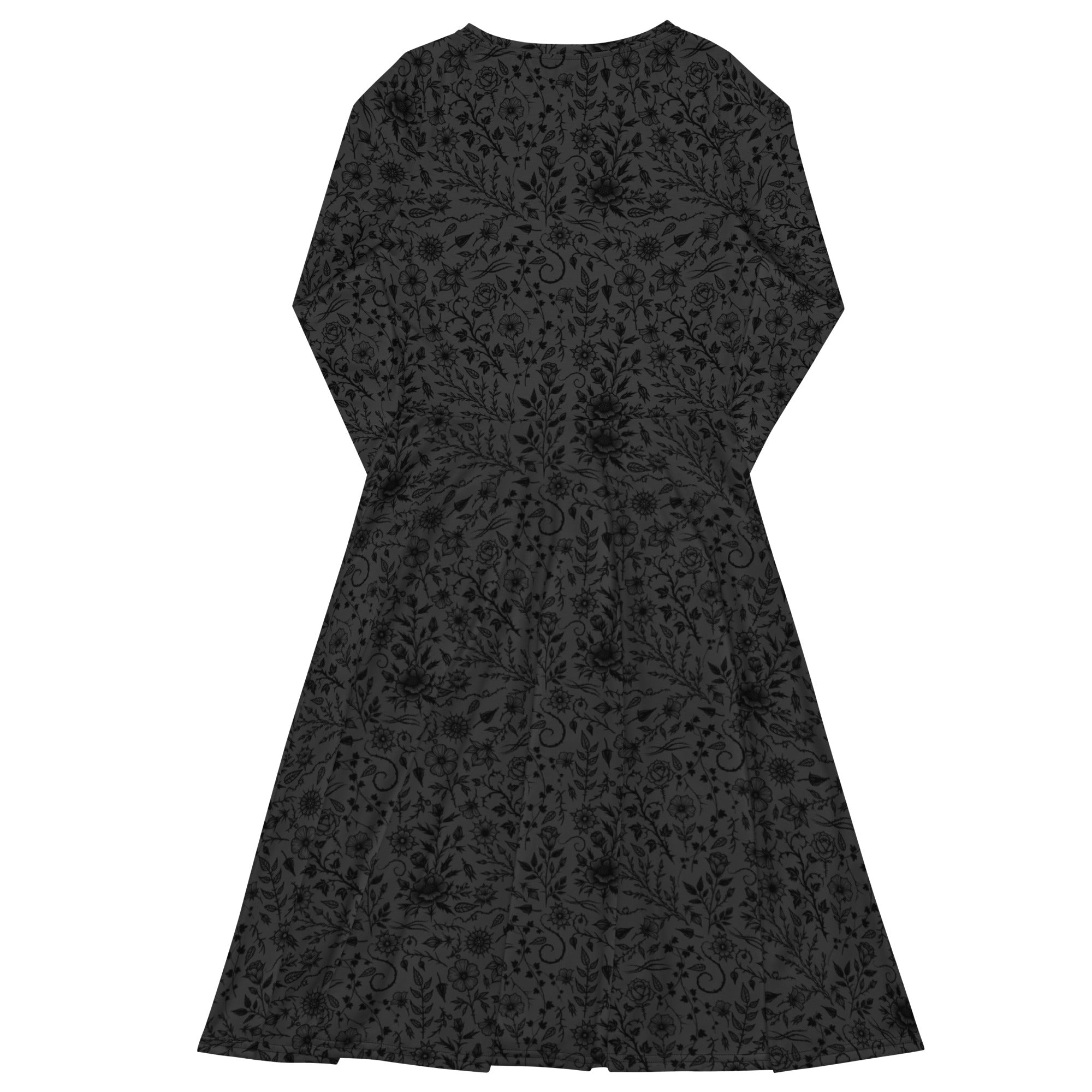 Long Sleeve Pocket Flare Dress - 'Gothic Garden (Black Version)'