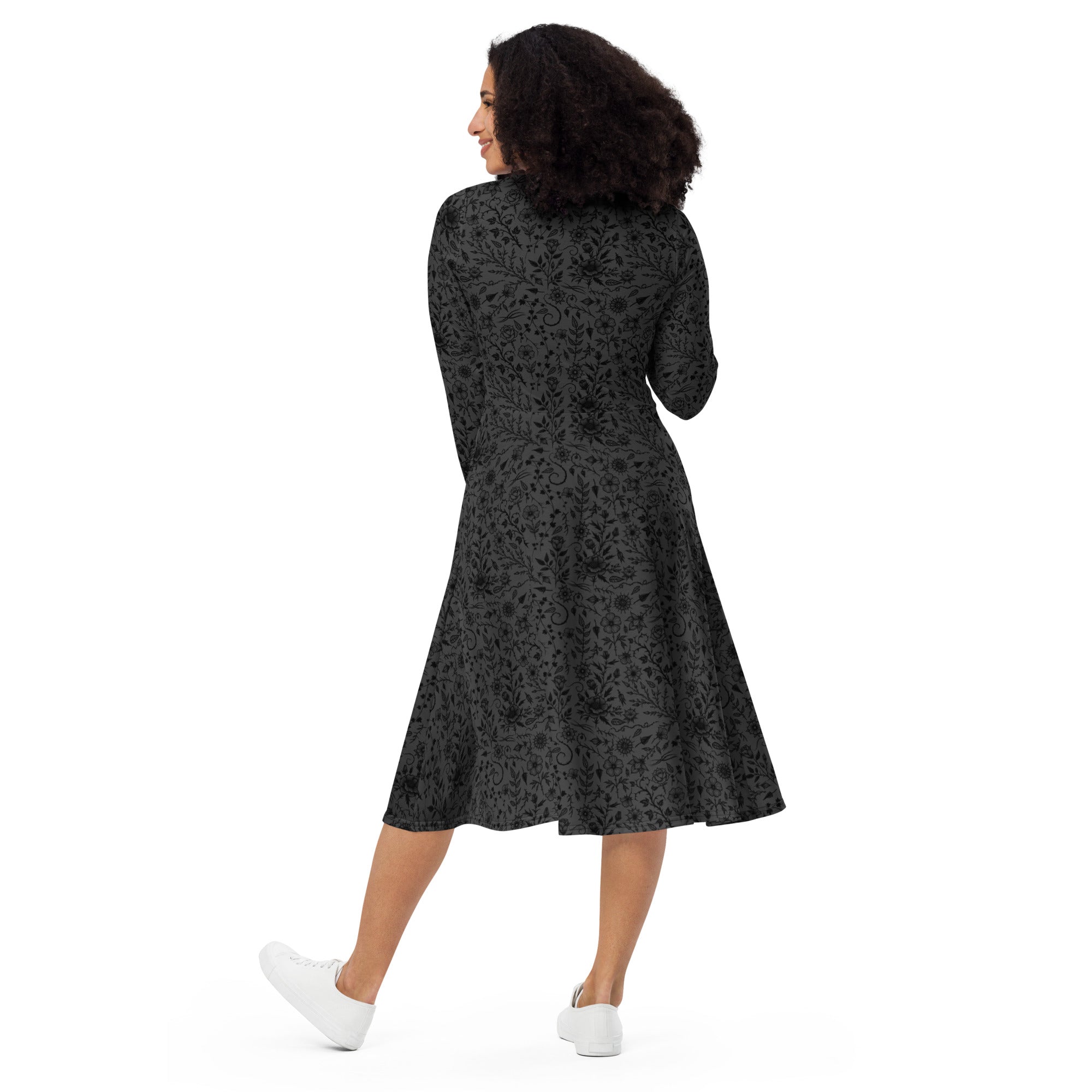 Long Sleeve Pocket Flare Dress - 'Gothic Garden (Black Version)'