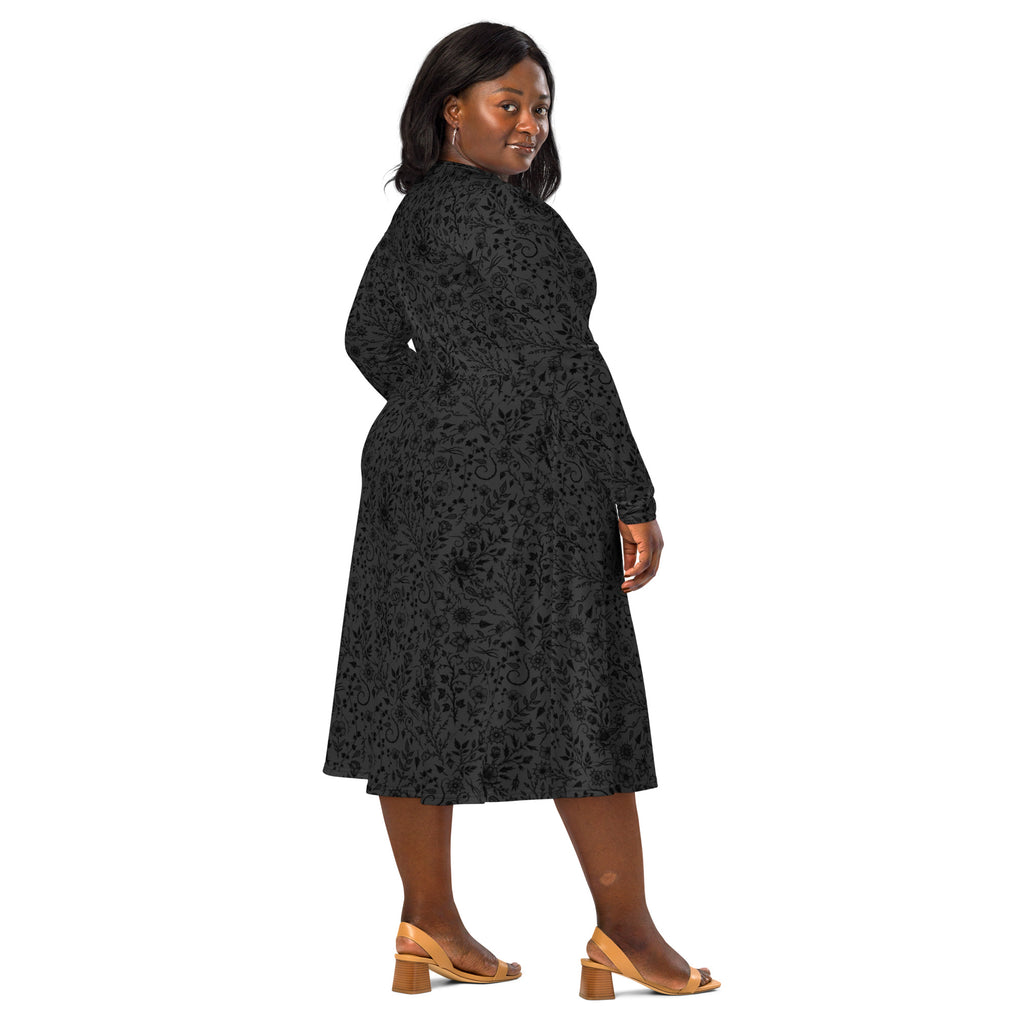 Long Sleeve Pocket Flare Dress - 'Gothic Garden (Black Version)'