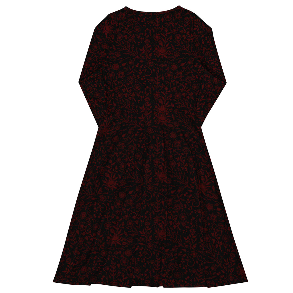Long Sleeve Pocket Flare Dress - 'Gothic Garden (Red Version)'