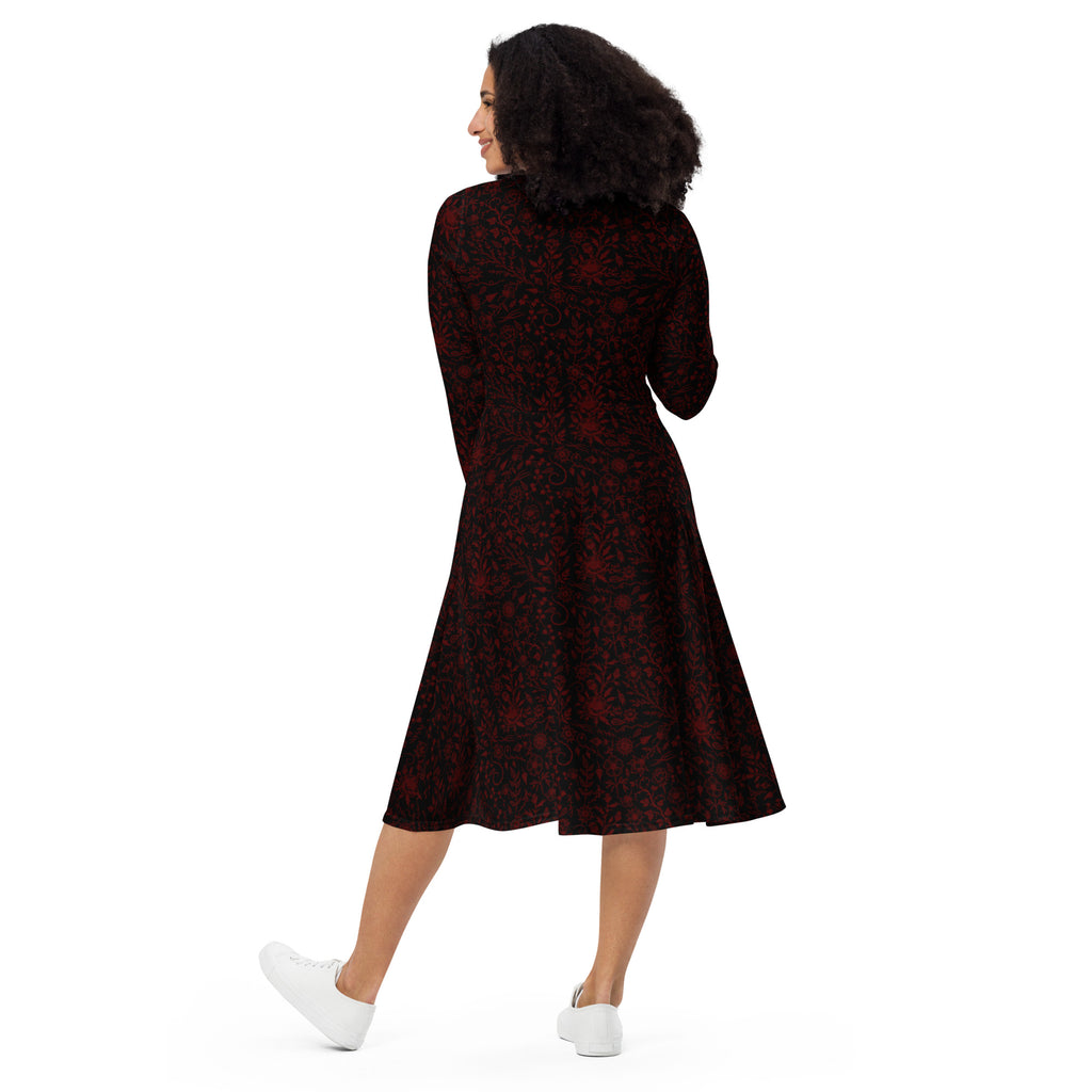 Long Sleeve Pocket Flare Dress - 'Gothic Garden (Red Version)'