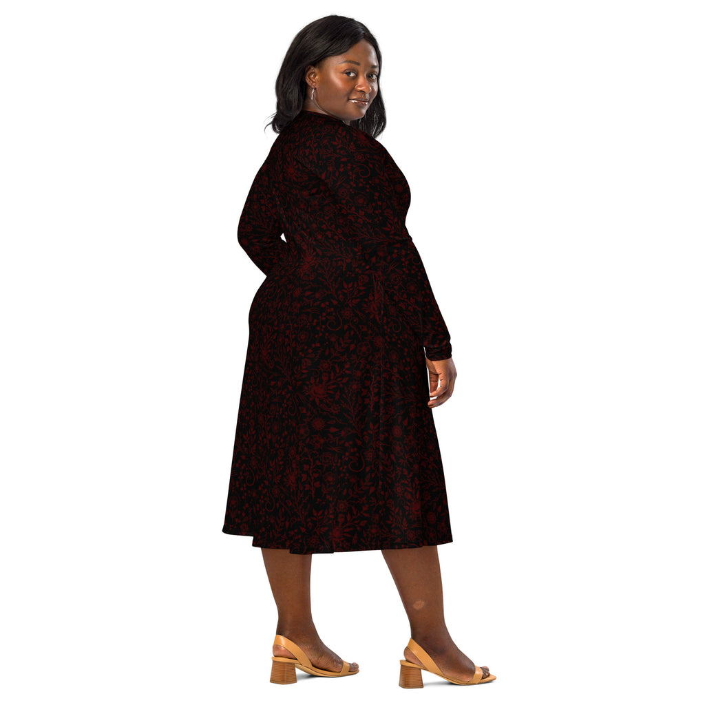 Long Sleeve Pocket Flare Dress - 'Gothic Garden (Red Version)'
