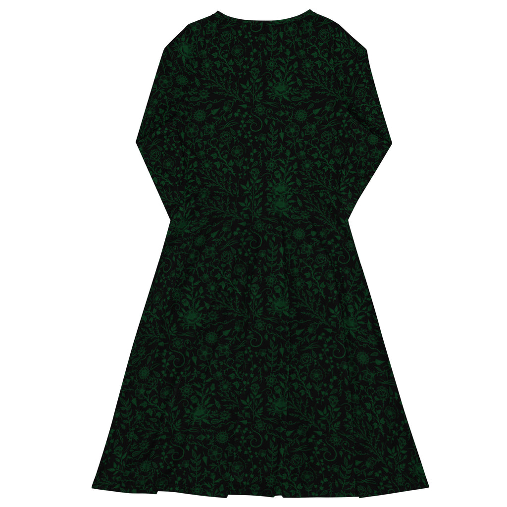 Long Sleeve Pocket Flare Dress - 'Gothic Garden (Green Version)'