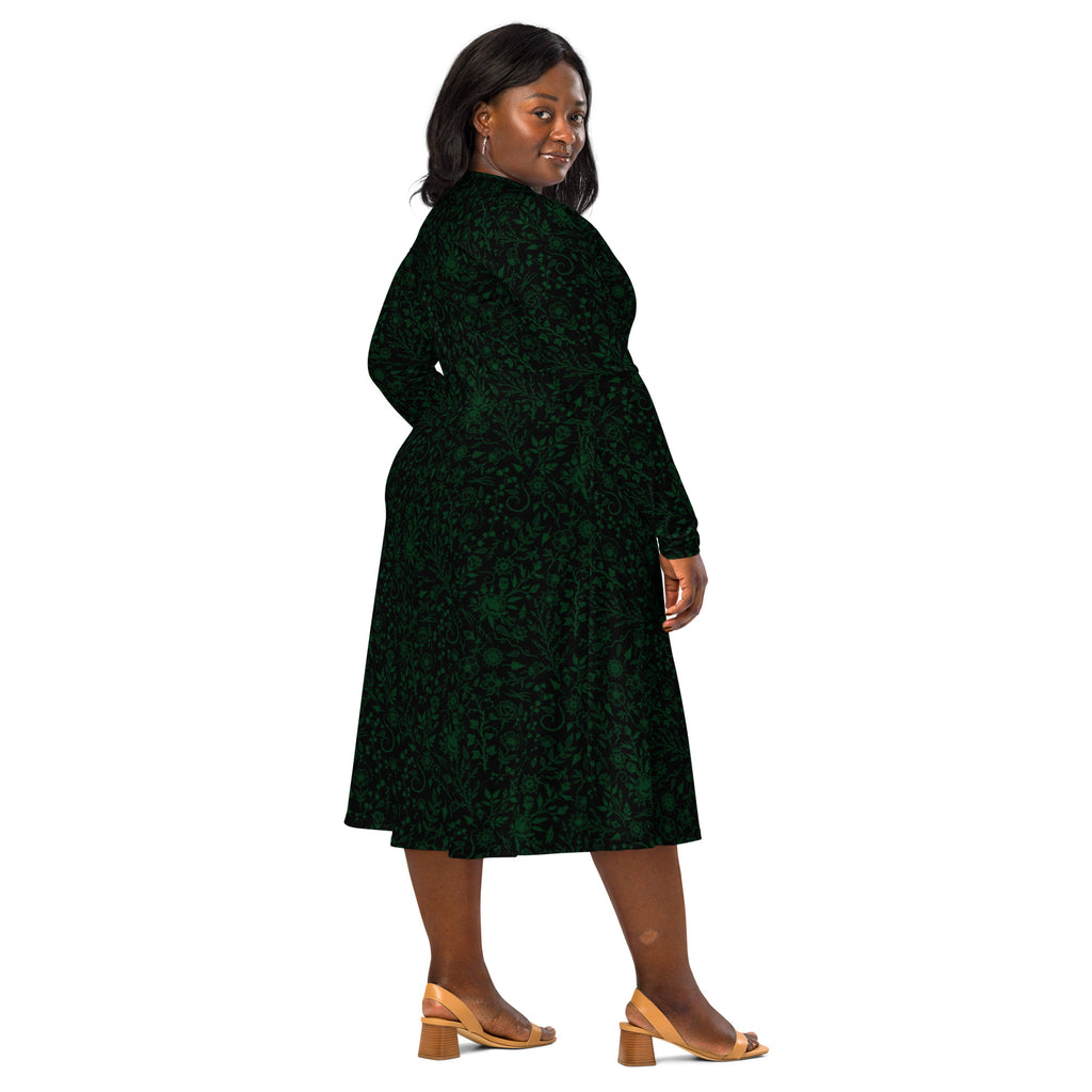 Long Sleeve Pocket Flare Dress - 'Gothic Garden (Green Version)'