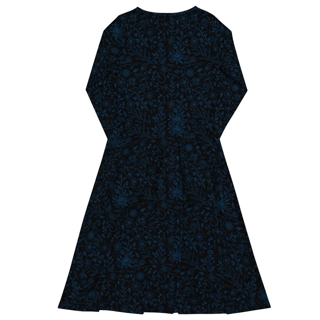 Long Sleeve Pocket Flare Dress - 'Gothic Garden (Blue Version)'