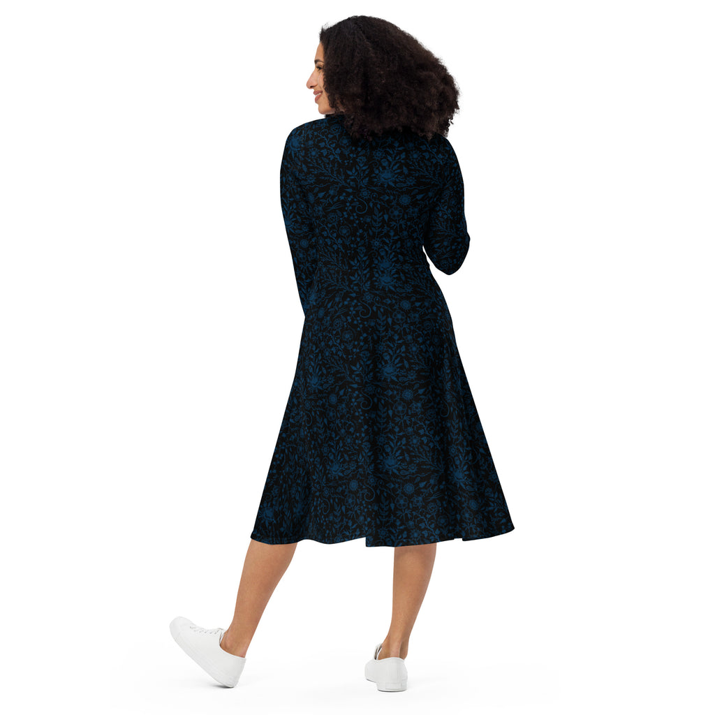 Long Sleeve Pocket Flare Dress - 'Gothic Garden (Blue Version)'