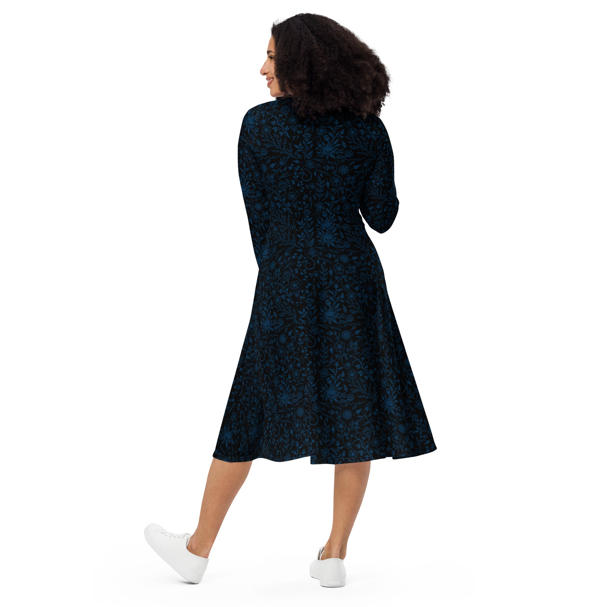 Long Sleeve Pocket Flare Dress - 'Gothic Garden (Blue Version)'