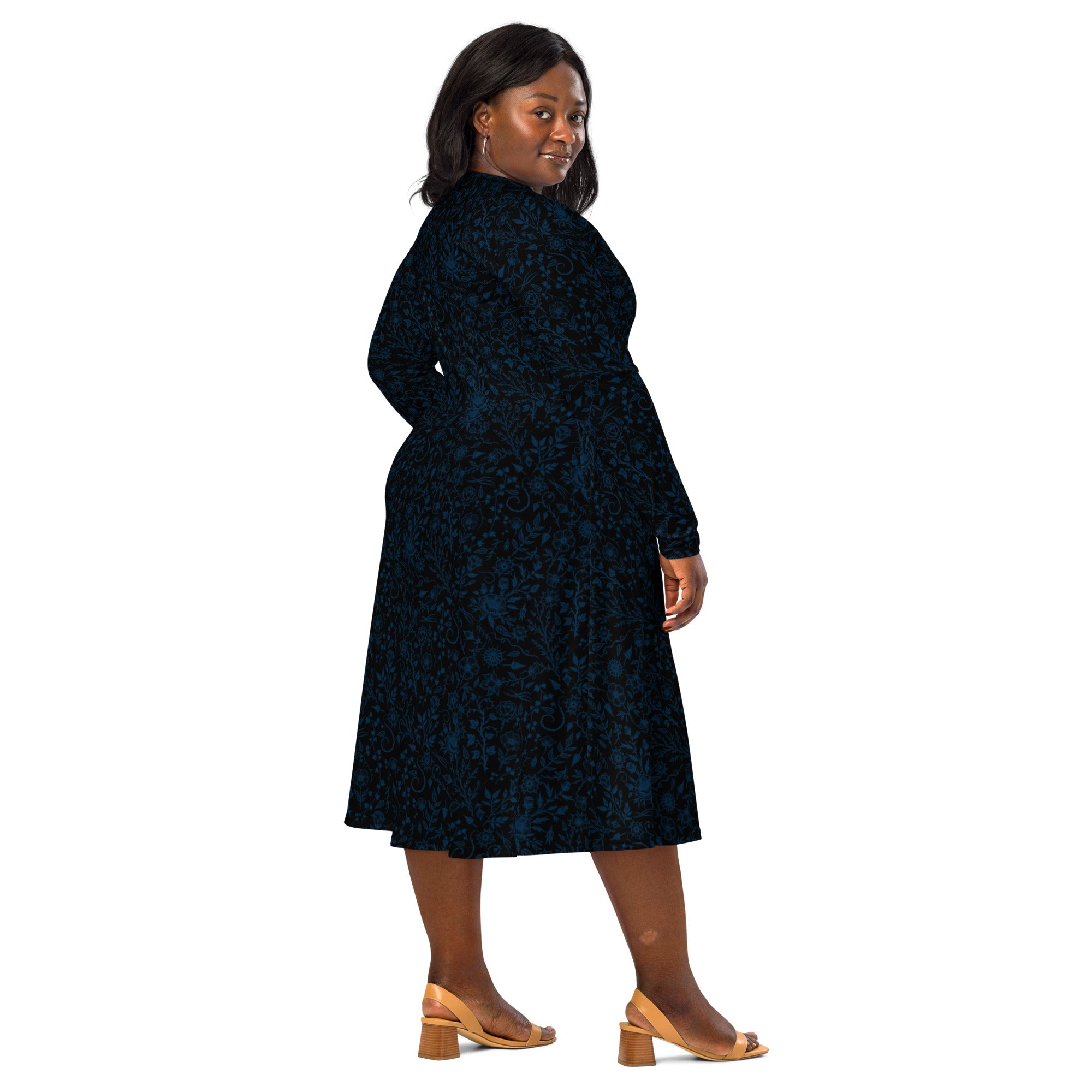Long Sleeve Pocket Flare Dress - 'Gothic Garden (Blue Version)'