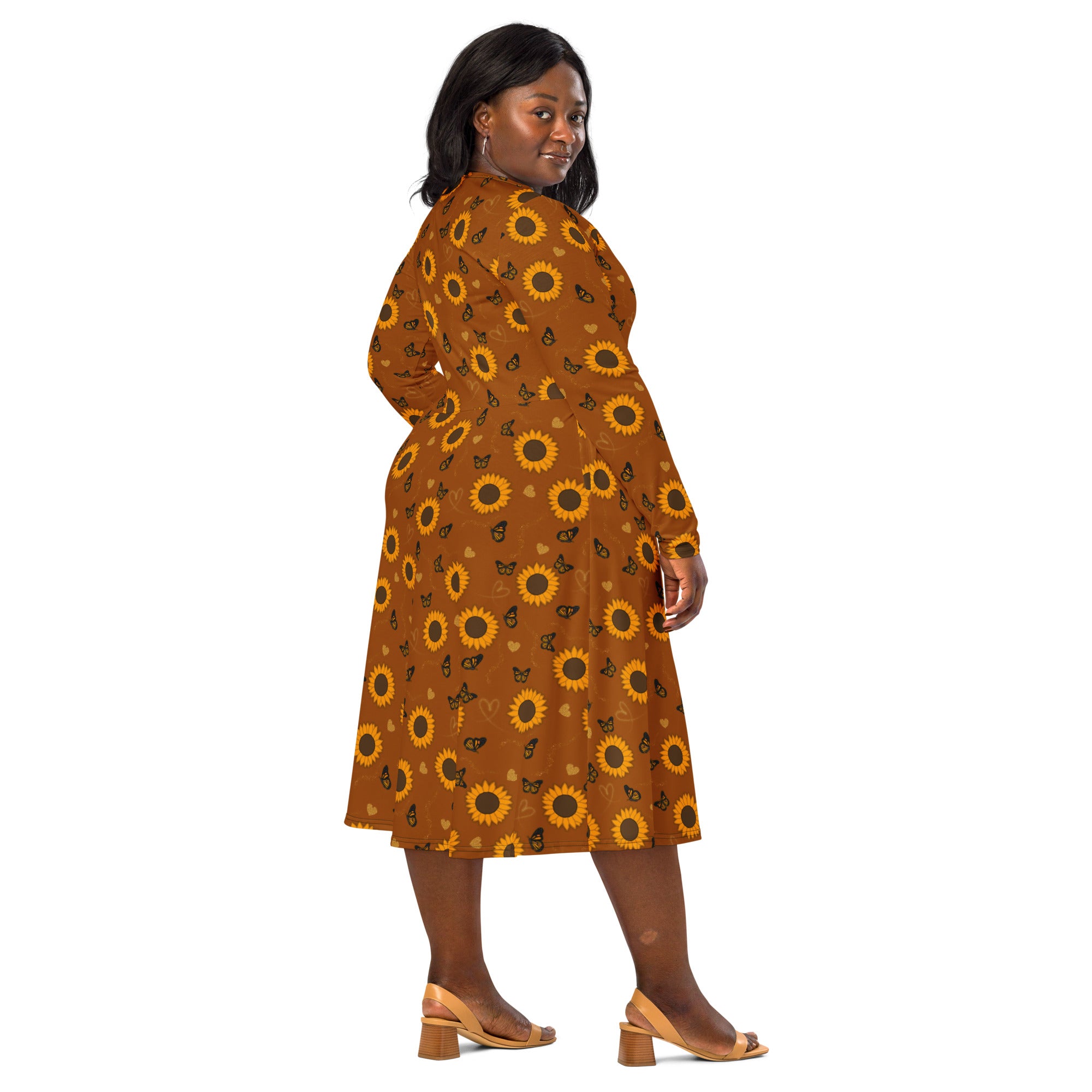 Long Sleeve Pocket Flare Dress - 'Sunflower Sparkle'