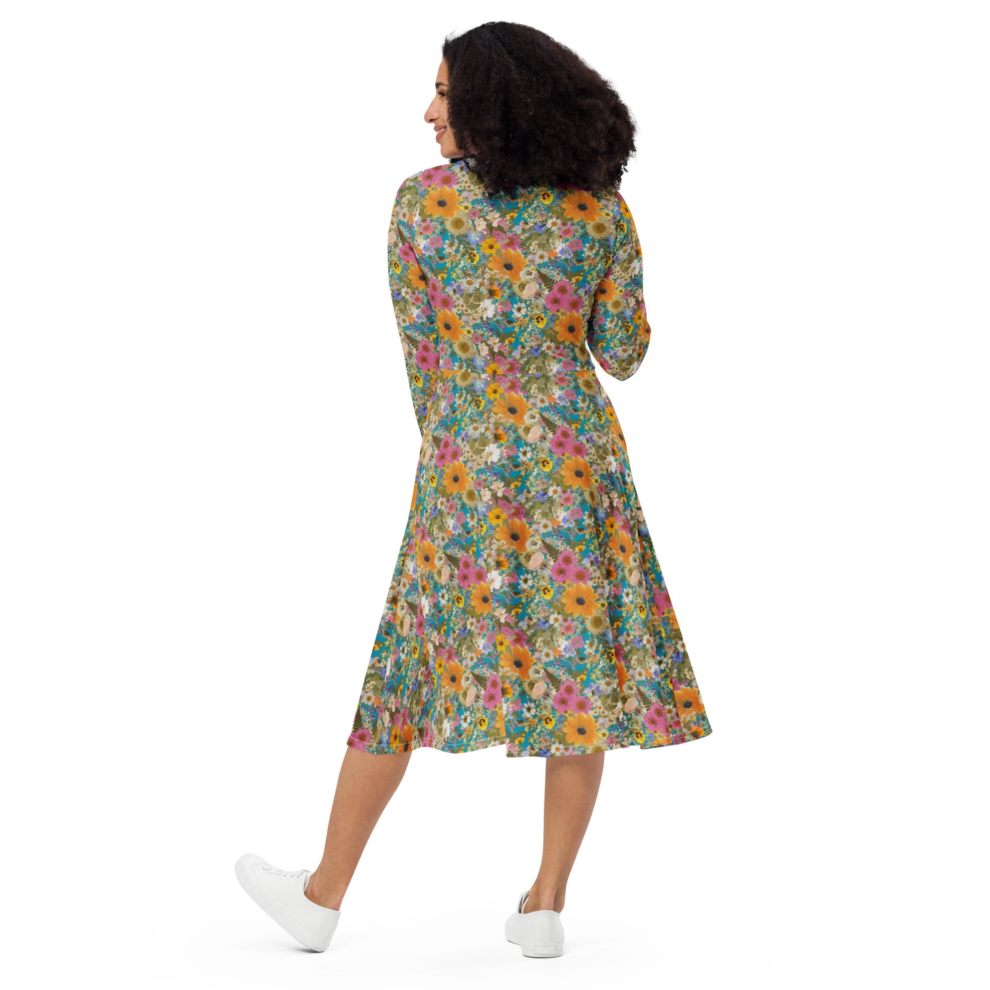 Long Sleeve Pocket Flare Dress - 'Pressed Flowers'