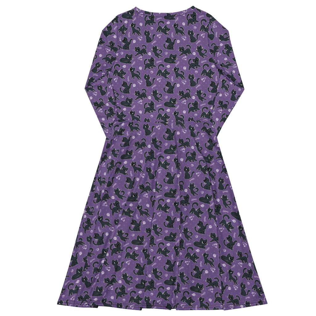 Long Sleeve Pocket Flare Dress - 'Purrple Playtime'