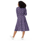 Long Sleeve Pocket Flare Dress - 'Purrple Playtime'