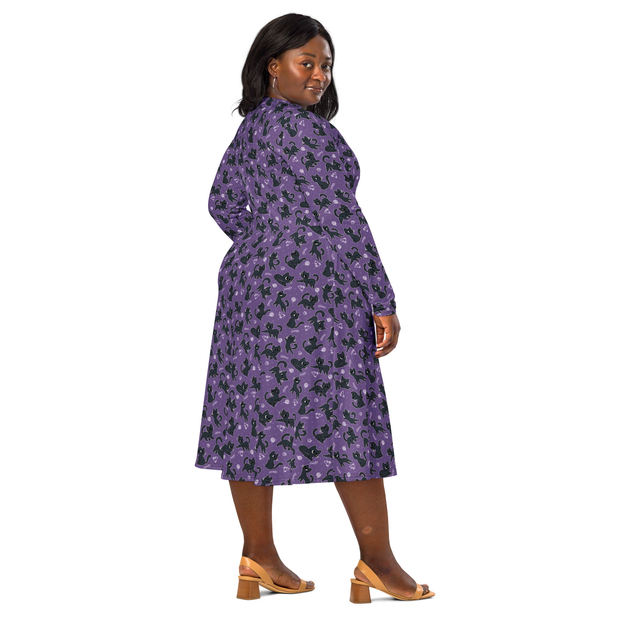 Long Sleeve Pocket Flare Dress - 'Purrple Playtime'