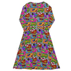 Long Sleeve Pocket Flare Dress - 'Comic Chaos'