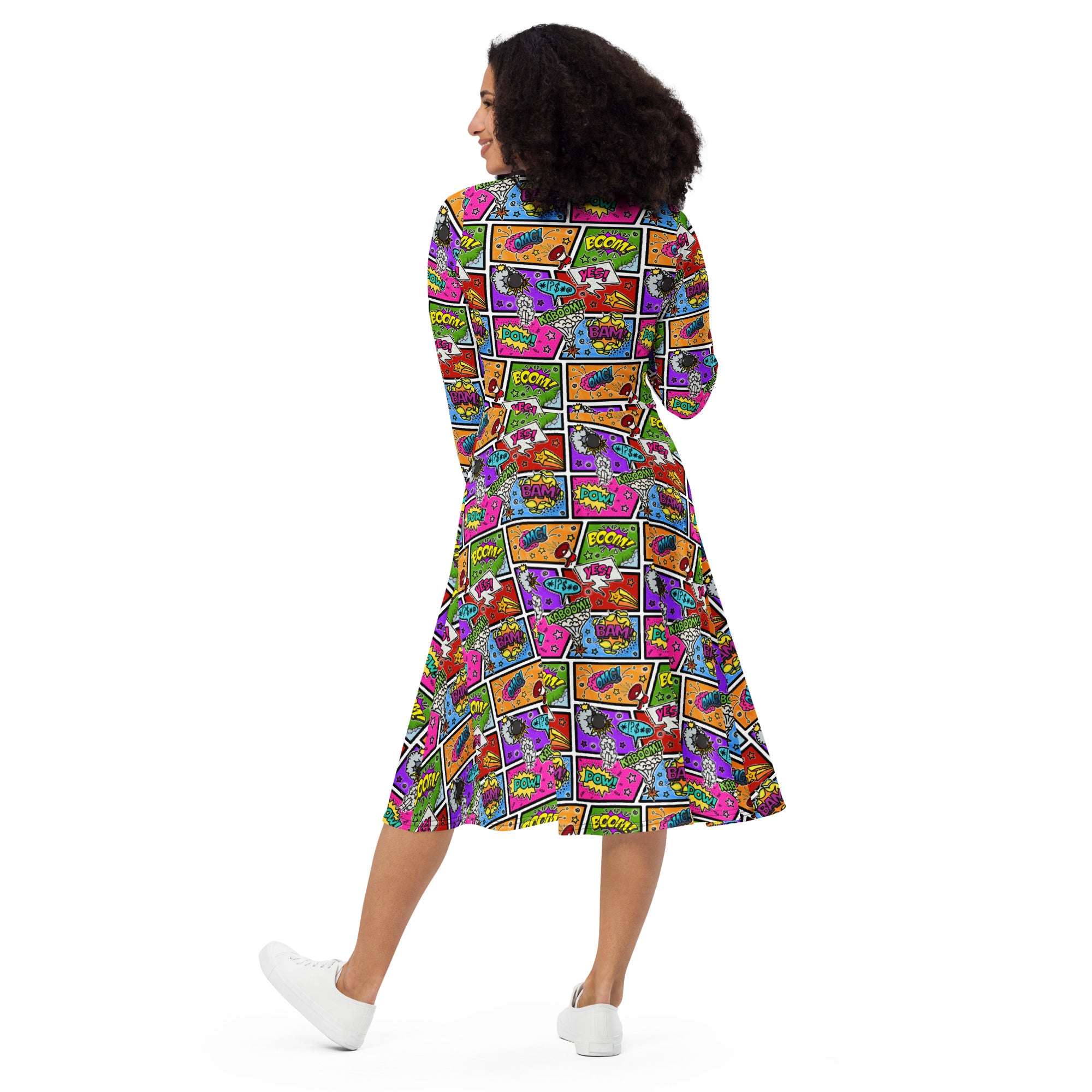 Long Sleeve Pocket Flare Dress - 'Comic Chaos'