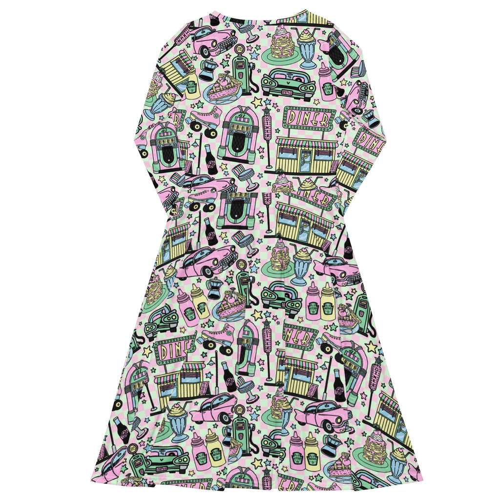 Long Sleeve Pocket Flare Dress - 'Bubblegum Diner'