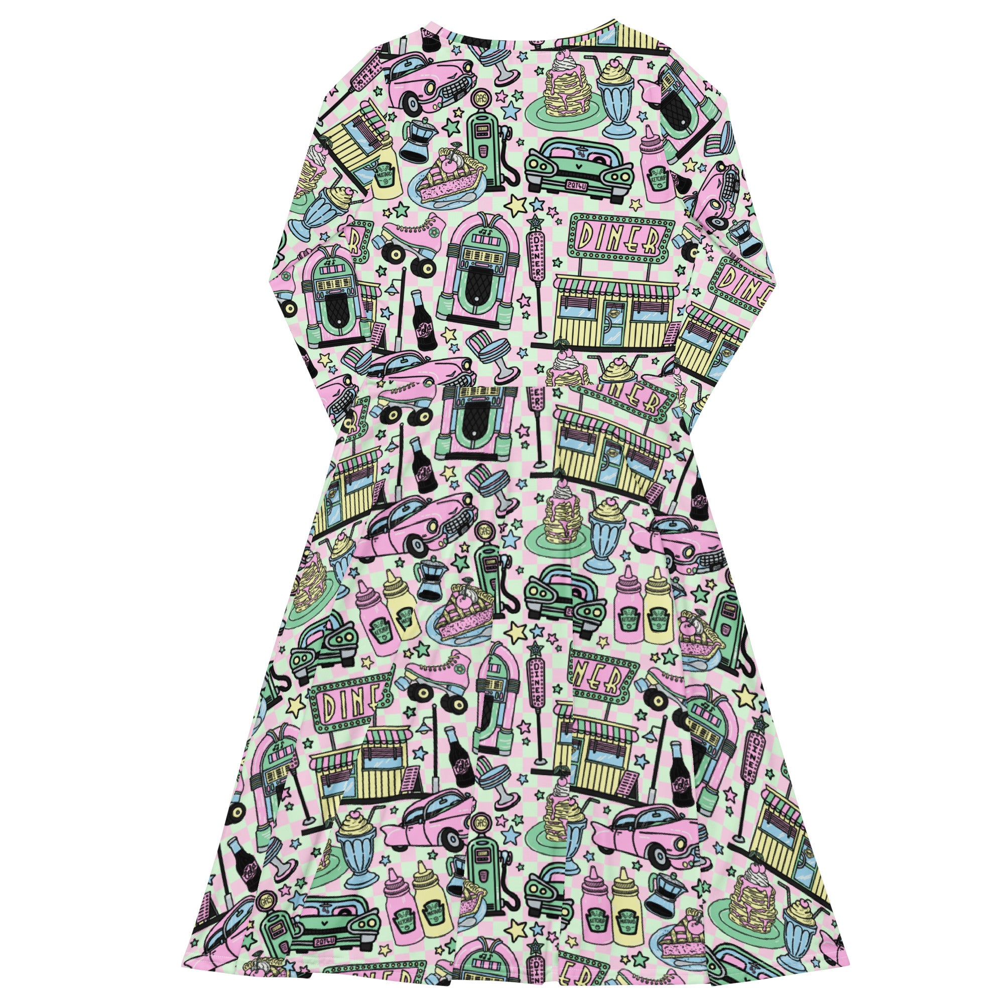 Long Sleeve Pocket Flare Dress - 'Bubblegum Diner'