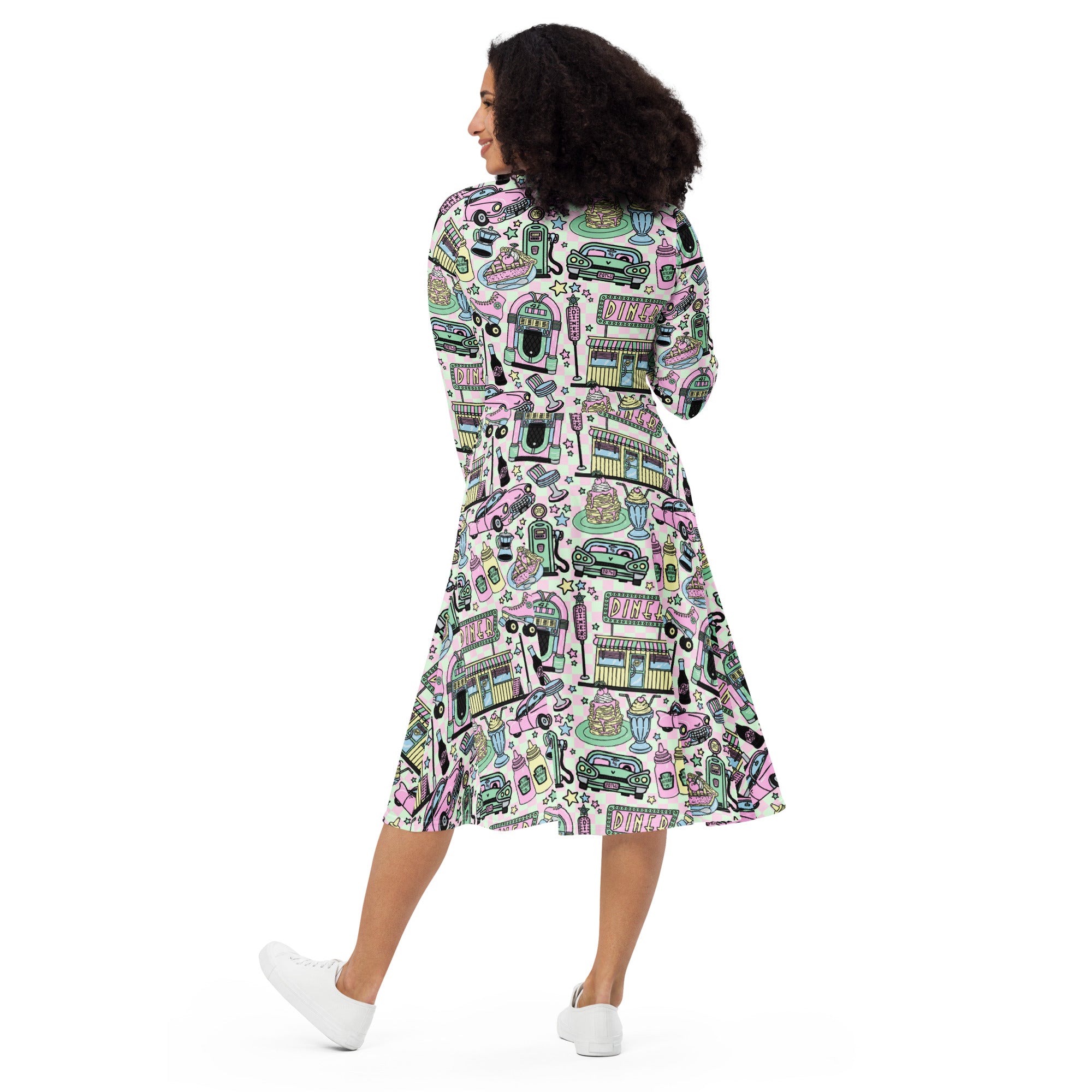 Long Sleeve Pocket Flare Dress - 'Bubblegum Diner'