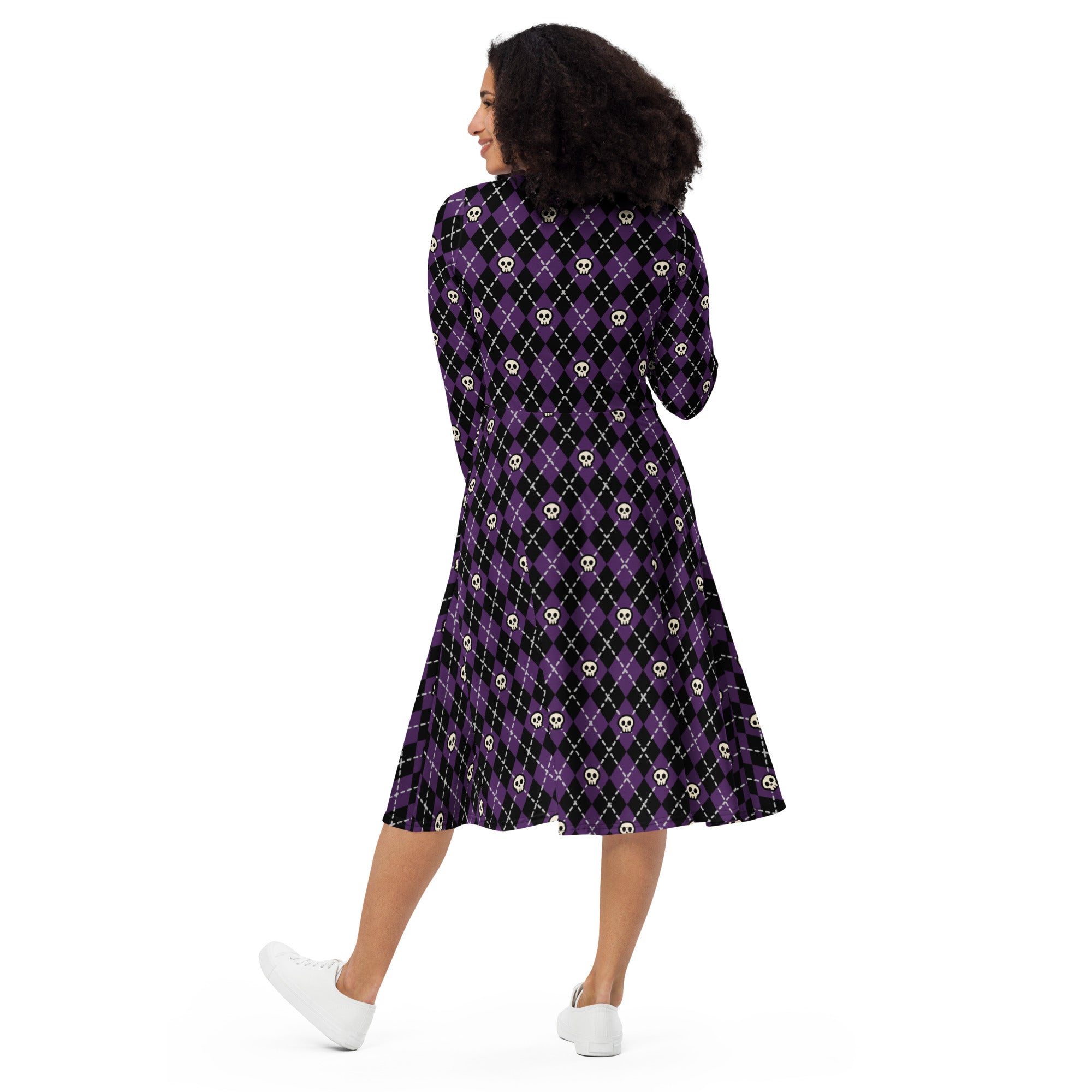 Long Sleeve Pocket Flare Dress - 'Diamond Skulls'