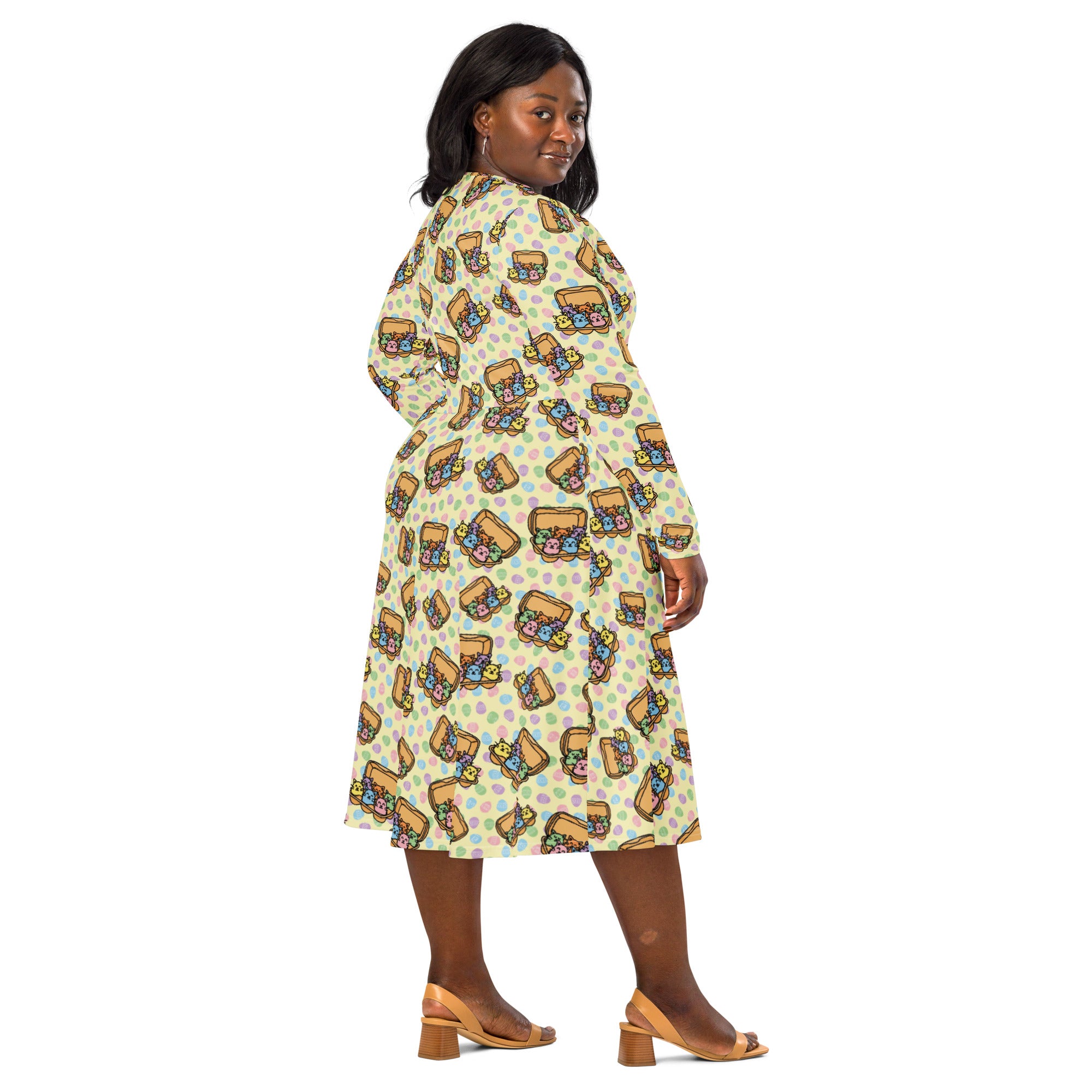 Long Sleeve Pocket Flare Dress - 'Easter Kittens'