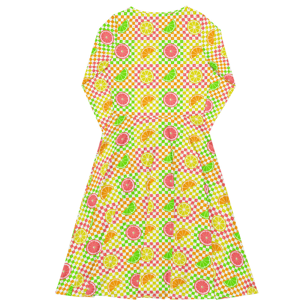 Long Sleeve Pocket Flare Dress - 'Citrus Squares'