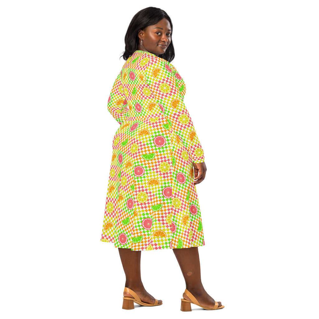 Long Sleeve Pocket Flare Dress - 'Citrus Squares'
