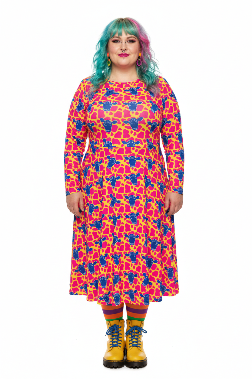 Long Sleeve Pocket Flare Dress - 'Silly Cow'