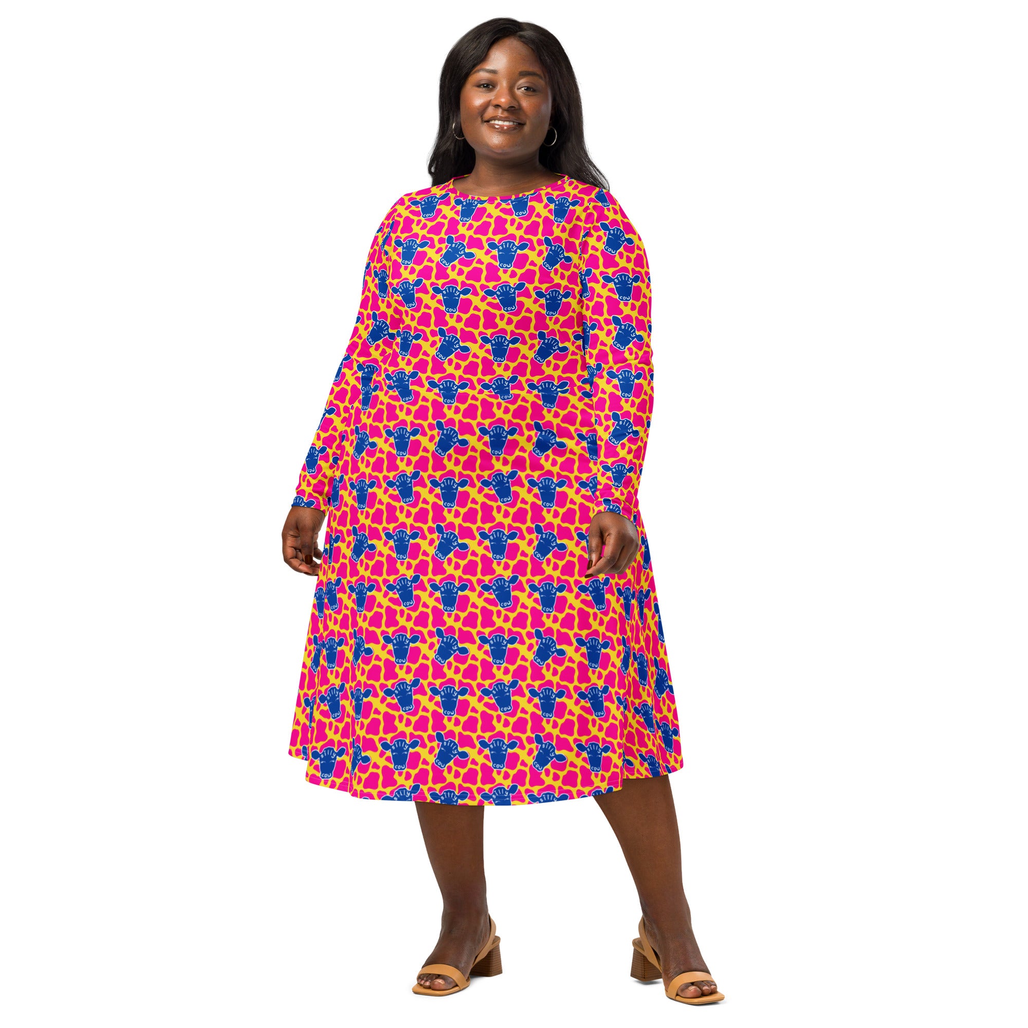Long Sleeve Pocket Flare Dress - 'Silly Cow'