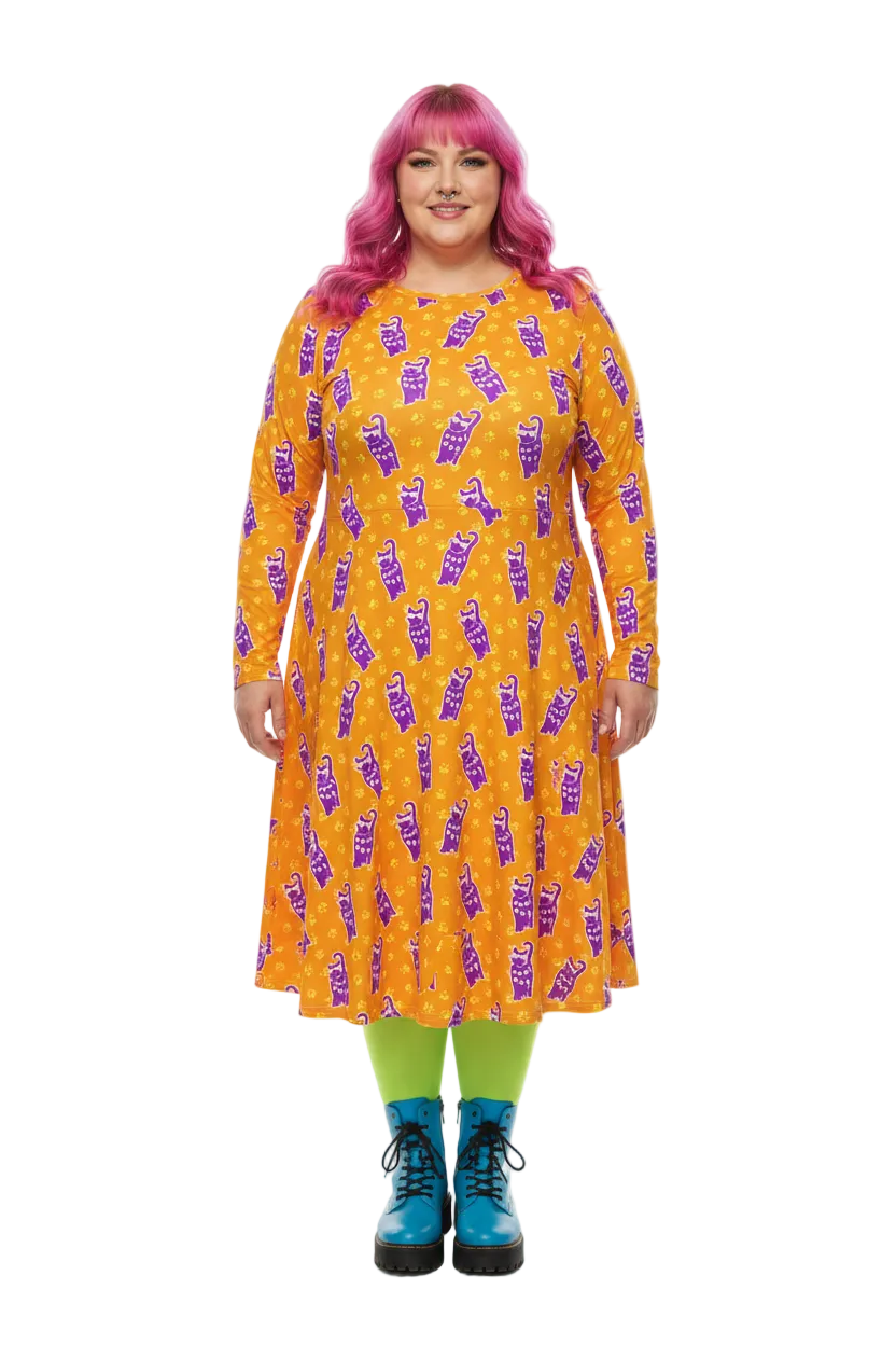 Long Sleeve Pocket Flare Dress - 'Cool Cat'