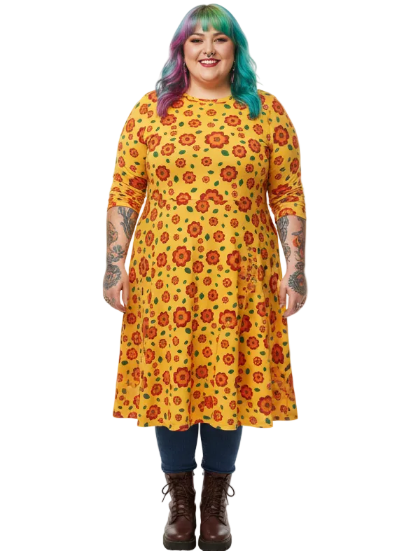 Long Sleeve Pocket Flare Dress - 'Petal Pop'