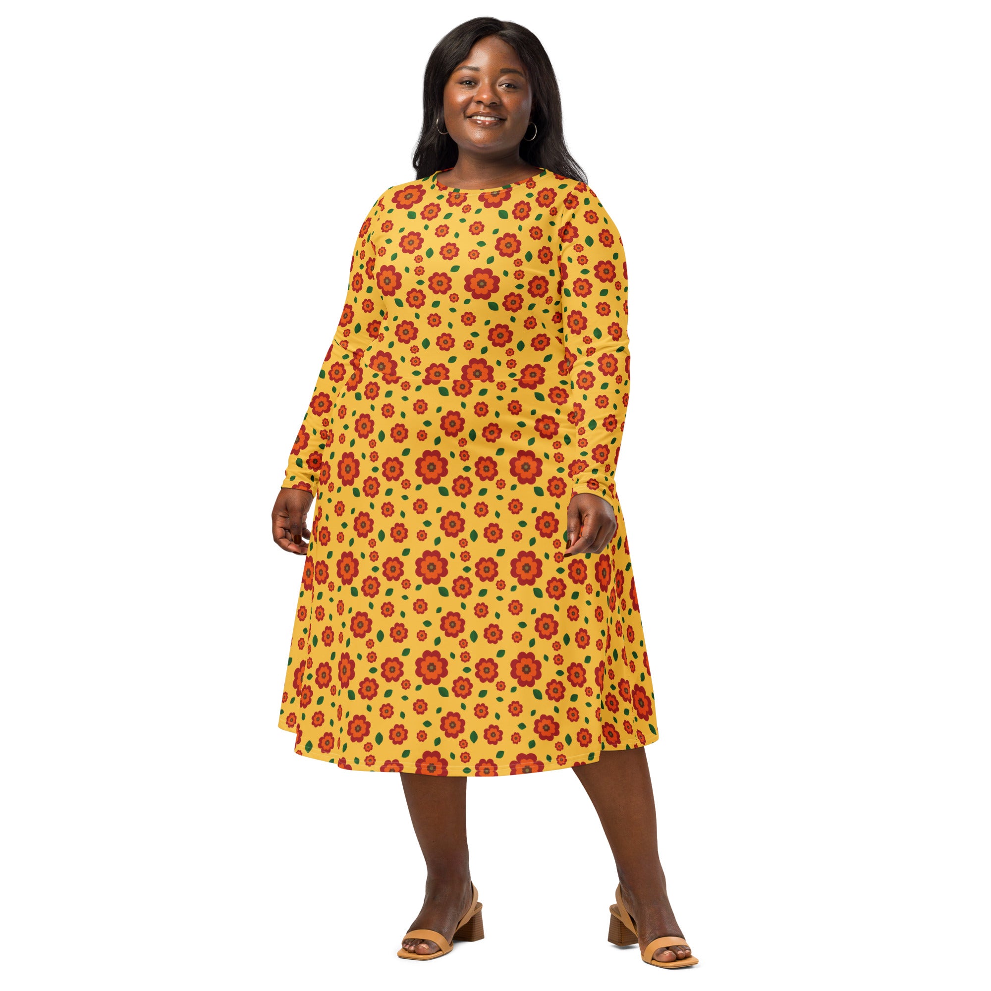 Long Sleeve Pocket Flare Dress - 'Petal Pop'
