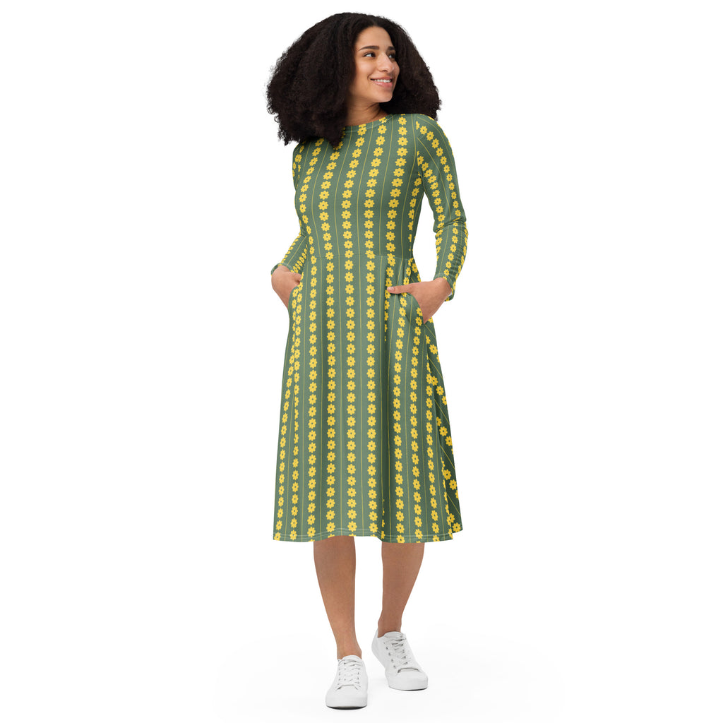 Long Sleeve Pocket Flare Dress - 'Simply Sage'