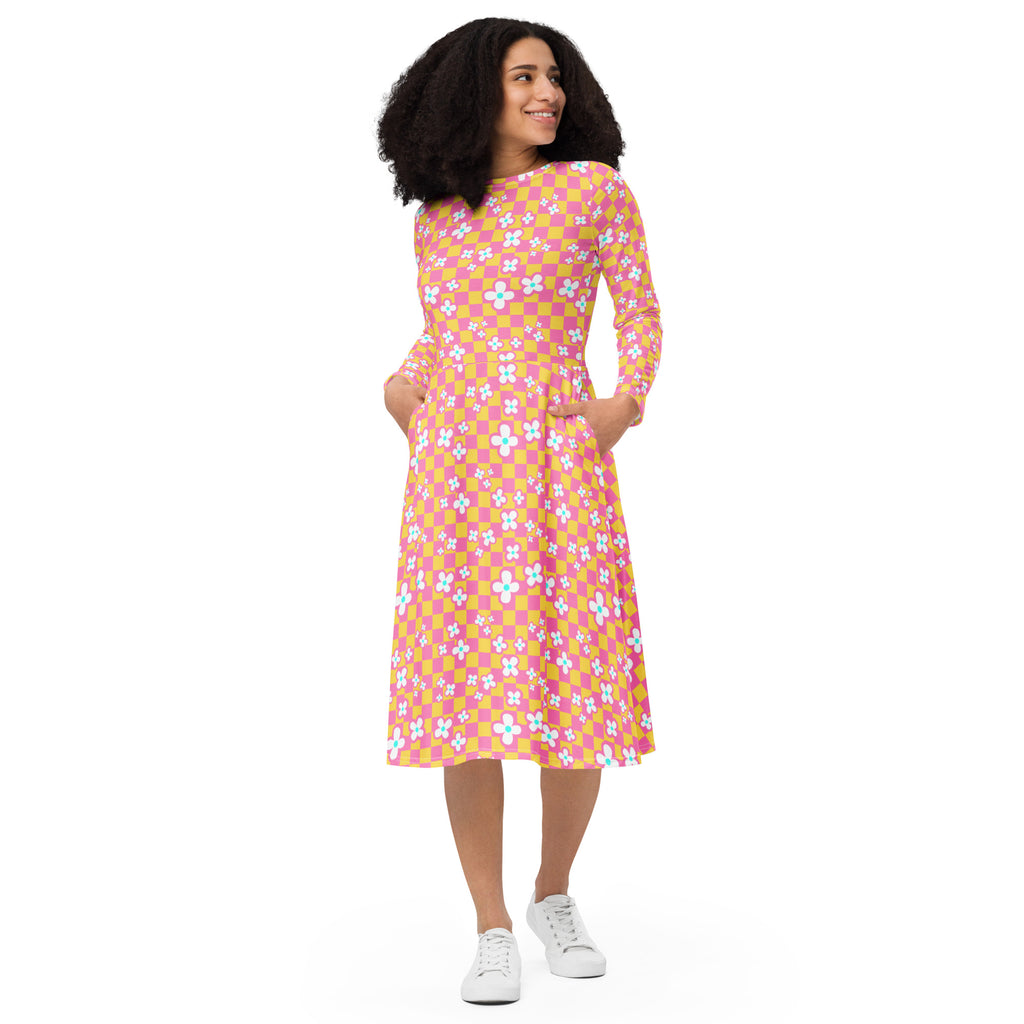 Long Sleeve Pocket Flare Dress - 'Floral Fruit Salad'
